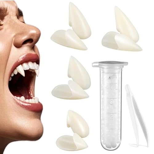 BUKYCAT Vampir Fangs Kit, Halloween Vampir Zähne, 4 Größen Vampire Cosplay Fangs, mit Pellets Kleber für Cosplay,Requisiten,Halloween, Dämon, Hexe, Halloween Deko von BUKYCAT