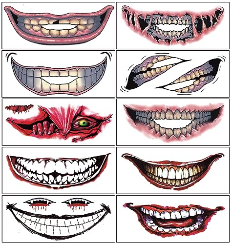 10Pcs Halloween Temporäre Horror Scary Mund Clown Tattoo Aufkleber Prank Requisiten Make-up Kostüm Zubehör Gesicht Kit Männer oder Frauen Erwachsene Kinder Cosplay Party Maskerade von BULEFSEA