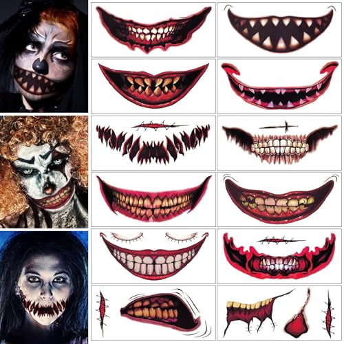 12Pcs Halloween Temporäre Horror Scary Mund Clown Tattoo Aufkleber Prank Requisiten Make-up Kostüm Zubehör Gesicht Kit Männer oder Frauen Erwachsene Kinder Cosplay Party Maskerade von BULEFSEA