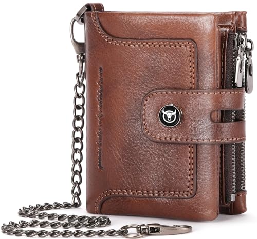 BULLCAPTAIN Bifold Herren-Geldbörse mit Kette, echtes Leder, RFID-blockierend, abnehmbarer Reißverschluss, Münzbörse mit Ausweisfenster, Braun, Retro-Mode von BULLCAPTAIN