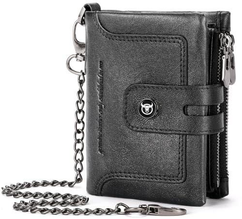 BULLCAPTAIN Bifold Herren-Geldbörse mit Kette, echtes Leder, RFID-blockierend, abnehmbarer Reißverschluss, Münzbörse mit Ausweisfenster, Schwarz, Retro-Mode von BULLCAPTAIN