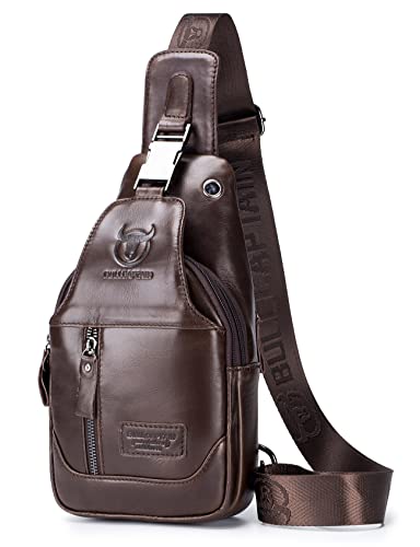 BULLCAPTAIN Echtes Leder Sling Brusttasche Multi-Taschen Herren Crossbody Tasche Reise Casual Kleiner Schulterrucksack, dunkelbraun, Vintage Casual von BULLCAPTAIN