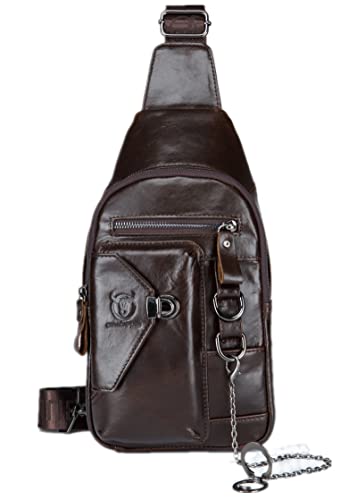 BULLCAPTAIN Echtes Leder Sling Tasche für Männer Crossbody mit Handy Ständer Kette Brust Schulter Rucksack Daypack XB-520, Kaffee, Medium von BULLCAPTAIN