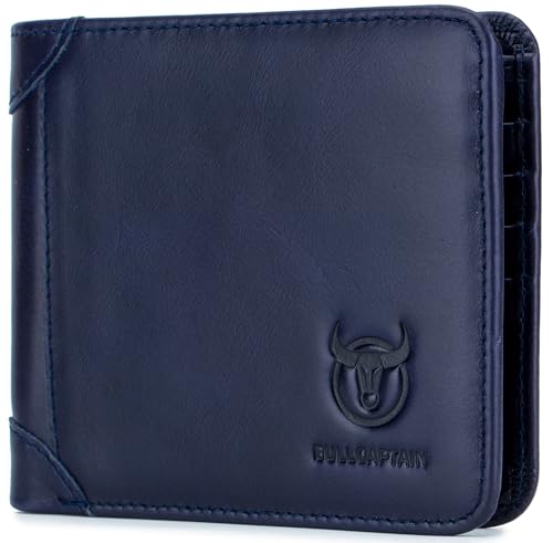 BULLCAPTAIN Herren-Geldbörse aus echtem Leder, RFID-Geldbörse mit 2 Ausweisfenstern, Kreditkartenfächern, Blau, Lässige Mode von BULLCAPTAIN