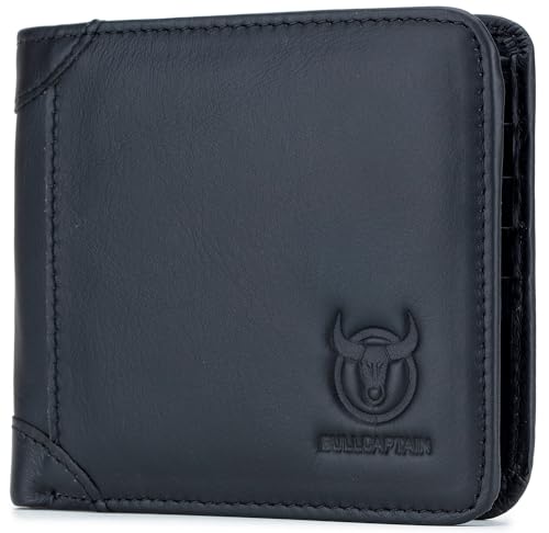 BULLCAPTAIN Herren-Geldbörse aus echtem Leder, RFID-Geldbörse mit 2 Ausweisfenstern, Kreditkartenfächern, Schwarz, Lässige Mode von BULLCAPTAIN