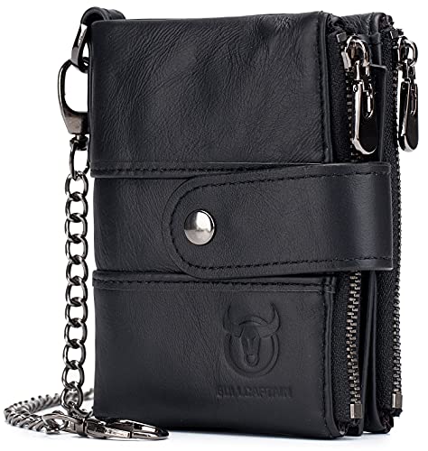 BULLCAPTAIN Herren-Geldbörse aus echtem Leder mit Anti-Diebstahl-Kette, RFID-blockierende Geldbörsen für Männer, Doppelreißverschluss, Münzbörse mit Ausweisfenster, schwarz, 4.52"x3.54"x1.18", Retro von BULLCAPTAIN