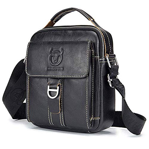 Herren Kleine Umhängetasche Echtleder Tasche Retro Leichte Crossbody Alltag Satchel Bag für Business Casual Sport Wandern Reisen Schwarz von BULLCAPTAIN