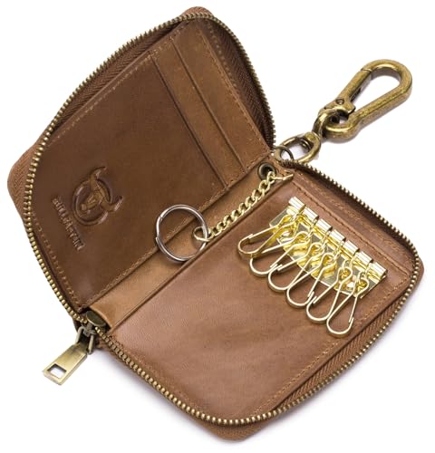 BULLCAPTAIN Herren-Schlüssel-Organizer mit Reißverschluss, RFID-Geldbörse mit 6 Haken, Leder-Schlüsselhalter, Gelb-Braun, Retro-Mode von BULLCAPTAIN