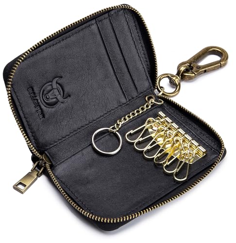 BULLCAPTAIN Herren-Schlüssel-Organizer mit Reißverschluss, RFID-Geldbörse mit 6 Haken, Leder-Schlüsselhalter, Schwarz, Retro-Mode von BULLCAPTAIN