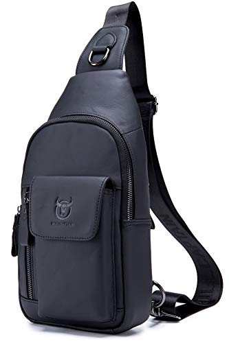 BULLCAPTAIN Herren-Schultertasche, echtes Leder, große Kapazität, lässiger Tagesrucksack, Schwarz, Small von BULLCAPTAIN