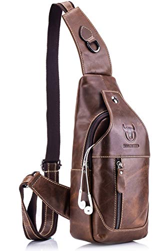 BULLCAPTAIN Herren-Schultertasche aus echtem Leder, braun, 15cm(5.91inch) * 8cm(3.15inch) * 30cm(11.81inch), Sling Rucksäcke von BULLCAPTAIN