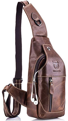 BULLCAPTAIN Herren-Umhängetasche, echtes Leder, Reiserucksack, Braun, 12.6"x5.9"x2.1", Sling Rucksäcke von BULLCAPTAIN