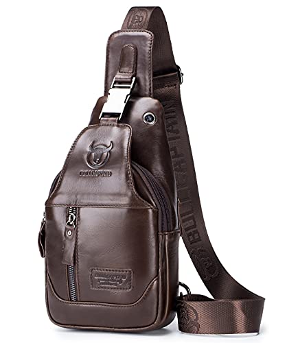 BULLCAPTAIN Herren-Umhängetasche, echtes Leder, für Reisen, Wandern, Schulterrucksack, Braun, 11.1"x6.3"x2.3" von BULLCAPTAIN