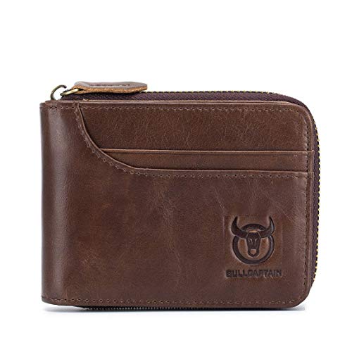 Leder Geldbörse Herren, klein Brieftasche,Geldbeutel mit Münzfach Querformat Portemonnaie mit Kette Handtasche viele Fächer Kreditkartenhülle etui Reissverschluss Braun von BULLCAPTAIN