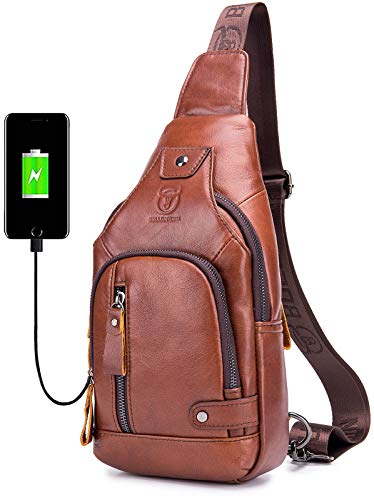 BULLCAPTAIN Leder Sling Bag Herren Brusttasche Casual Schulter Crossbody Tasche Reise Rucksäcke Tagesrucksack mit USB-Ladeanschluss, Braun, Sling Rucksäcke von BULLCAPTAIN