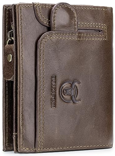 BULLCAPTAIN Männer RFID Blocking Bifold Wallet Echtes Leder Kartenhalter Brieftaschen mit 15 Kartenfächern, Braun mit Reißverschluss, 4.56"x3.74"x0.82", Retro von BULLCAPTAIN