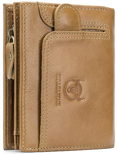 BULLCAPTAIN Männer RFID Blocking Bifold Wallet Echtes Leder Kartenhalter Brieftaschen mit 15 Kartenfächern, Gelblich braun mit Reißverschluss, 4.56"x3.74"x0.82", Retro von BULLCAPTAIN