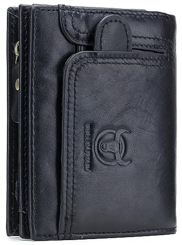 BULLCAPTAIN Männer RFID Blocking Bifold Wallet Echtes Leder Kartenhalter Brieftaschen mit 15 Kartenfächern, Schwarz mit Reißverschluss, 4.56"x3.74"x0.82", Retro von BULLCAPTAIN