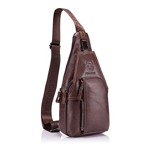 BULLCAPTAIN Tasche Leder Herren Sling Bag, Rindleder Schultertasche, Umhängetasche, Brusttasche, Rucksack für Wandern, Radfahren, Reisen, Freizeit Braun von BULLCAPTAIN