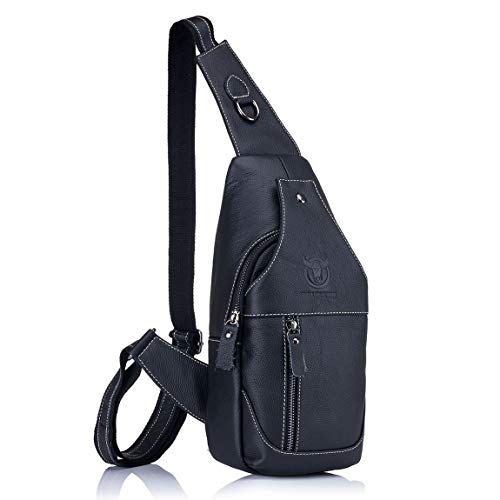 Tasche Leder Herren Sling Bag Schulter Rucksack Schultertasche Brusttasche Wasserresistent Tragetasche Umhängetasche Messengertasche für Wandern Arbeiten Schule Geschäft Radfahren Reise (Schwarz) von BULLCAPTAIN