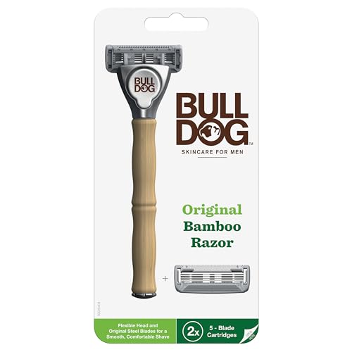 Bulldog Mens Skincare and Grooming Original Bambus-Rasierer für Männer mit einem Griff aus natürlichem Bambus und 2 Ersatz-Rasierern von BULLDOG