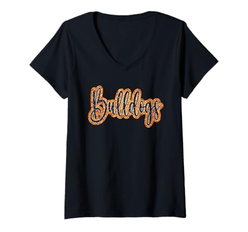 Damen Bulldogs School Spirit Orange Schwarz Faux Pailletten Lehrer T-Shirt mit V-Ausschnitt Damen Bulldogs School Spirit Orange Schwarz Faux Pailletten Lehrer T-Shirt mit V-Ausschnitt von BULLDOGS TEES CO