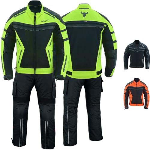 BULLDT 2-teiler Motorradkombi Herren sommer mit abnehmbar CE-Protektoren & Thermofutter - leicht Jacke ATV Quad Scooter mit Tech-Mesh-Netz 360° Sicherheit-Reflektoren & Zipper-Taschen Neon Gelb - 48 von BULLDT
