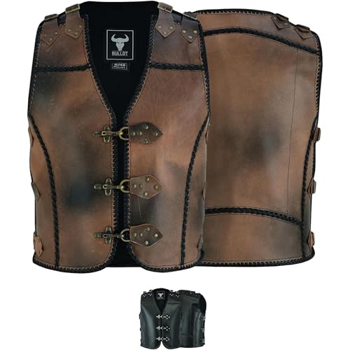 BULLDT Lederweste Herren Kalbsleder geflochten – 1,5mm Dickleder Motorradweste - Lederkutte Handgefertigt verstellbar mit Carabiner-Verschluss – Clubweste Schwarz/Antikbraun Robust -Braun - 58 von BULLDT
