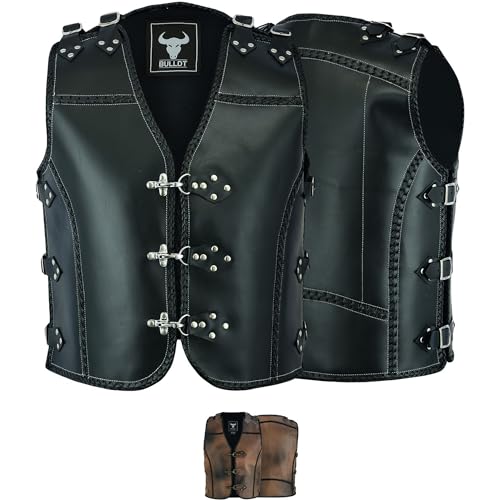 BULLDT Lederweste Herren Kalbsleder geflochten – 1,5mm Dickleder Motorradweste - Lederkutte Handgefertigt - verstellbar mit Carabiner-Verschluss – Clubweste Schwarz/Antikbraun Robust -Schwarz - 54 von BULLDT
