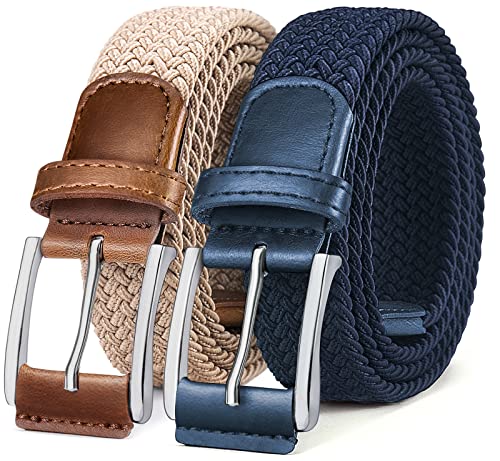 BULLIANT Elastischer Flechtgürtel 2er, Gürtel Herren Damen Stoffgürtel Geflochten Stretchgürtel Golfgürtel 35mm(Beige/Antikblau-140cm/52-56" taille verstellbar) von BULLIANT