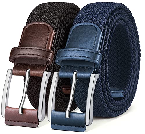 BULLIANT Elastischer Flechtgürtel 2er, Gürtel Herren Damen Stoffgürtel Geflochten Stretchgürtel Golfgürtel 35mm(Schwarz/Antikblau-140cm/52-56" taille verstellbar) von BULLIANT
