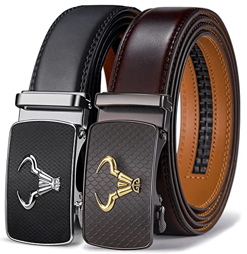 BULLIANT Gürtel Herren 2er, Gürtel Ratsche Automatikschließe Ledergürtel für Herren Verstellbar 35mm Breit mit Geschenkbox(Blau/Kaffee Braun,105cm/28-34" taille verstellbar) von BULLIANT