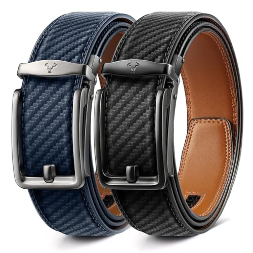 BULLIANT Gürtel Herren 2er Pack,Klick Gleitender Ledergürtel Verstellbar für Geschenk,Herren Business Casual Jeans 35mm,Anpassbar(Schwarz/Purpurblau,115cm/32-38" taille verstellbar) von BULLIANT