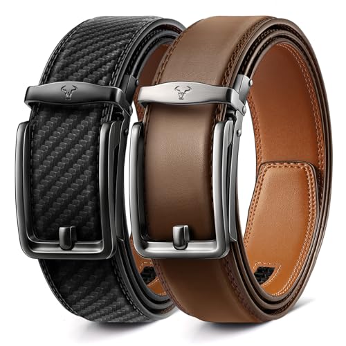 BULLIANT Gürtel Herren 2er Pack,Klick Gleitender Ledergürtel Verstellbar für Geschenk,Herren Business Casual Jeans 35mm,Anpassbar(Schwarz/Tawny,125cm/36-42" taille verstellbar) von BULLIANT
