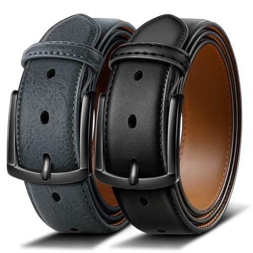 BULLIANT Gürtel Herren 2er Pack Ledergürtel mit 7 Löchern,Komfortabel für Anzug,Freizeit und Jeans,Breite 35mm(Schwarz/Heiliges Grau,105cm/32-34" taille verstellbar) von BULLIANT