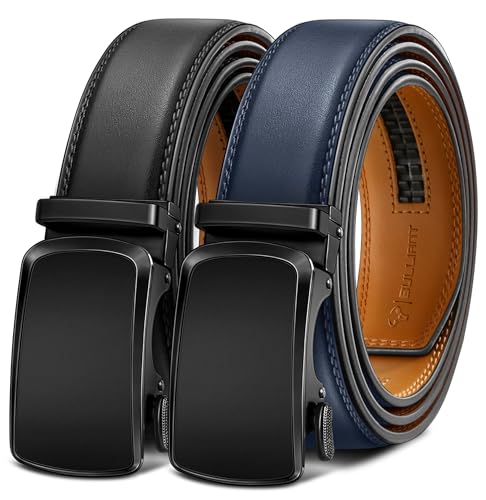 BULLIANT Ledergürtel Herren 2er, Gürtel Herren Ratsche Automatikschließe Verstellbar 35mm Breit mit Geschenkbox(Schwarz/Purpurblau,120cm/34-40" taille verstellbar) von BULLIANT