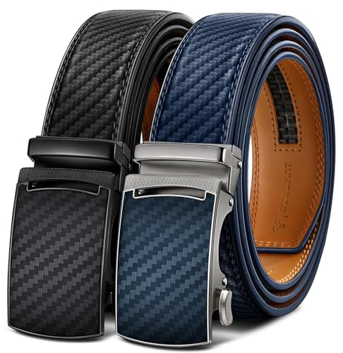 BULLIANT Ledergürtel Herren 2er, Gürtel Herren Ratsche Automatikschließe Verstellbar 35mm Breit mit Geschenkbox(Schwarz/Purpurblau,140cm/42-48" taille verstellbar) von BULLIANT