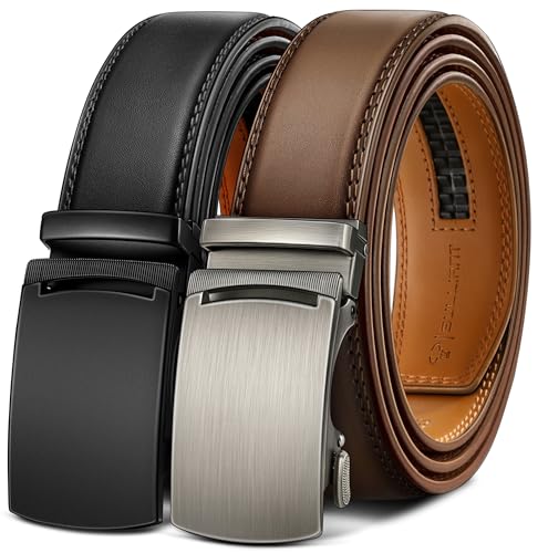 BULLIANT Ledergürtel Herren 2er, Gürtel Herren Ratsche Automatikschließe Verstellbar 35mm Breit mit Geschenkbox(Schwarz/Tawny,115cm/32-38" taille verstellbar) von BULLIANT