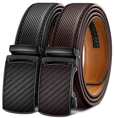 BULLIANT Ledergürtel Herren 2er, Gürtel Herren Ratsche Automatikschließe Verstellbar 35mm Breit mit Geschenkbox(Schwarz/Tiefbraun,115cm/32-38" taille verstellbar) von BULLIANT