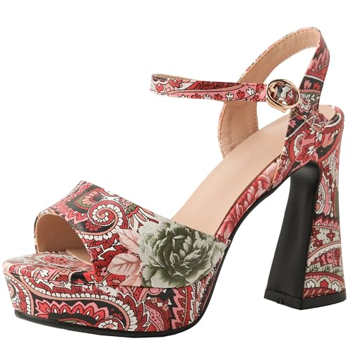 BULVJ Bedruckte Damenschuhe mit Absatz Plateausandalen mit Klobigen Fersen und Offener Spitze von BULVJ