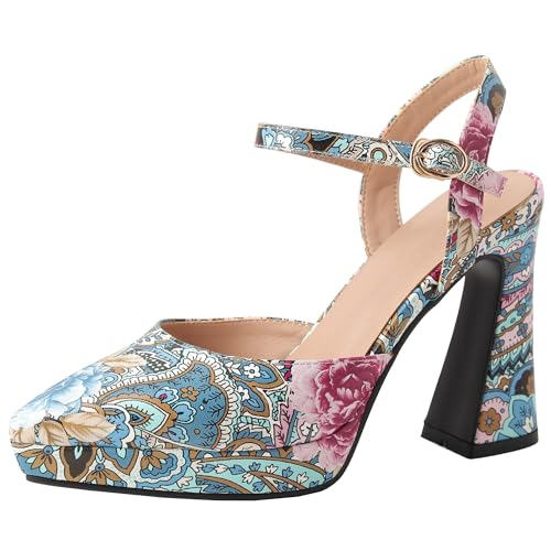 BULVJ Bedruckte Damenschuhe mit Absatz Plateausandalen mit Klobigen Fersen und Spitzer Zehenpartie von BULVJ