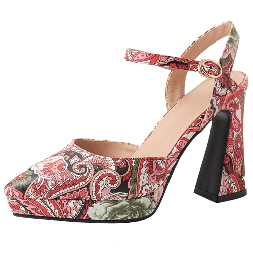 BULVJ Bedruckte Damenschuhe mit Absatz Plateausandalen mit Klobigen Fersen und Spitzer Zehenpartie von BULVJ