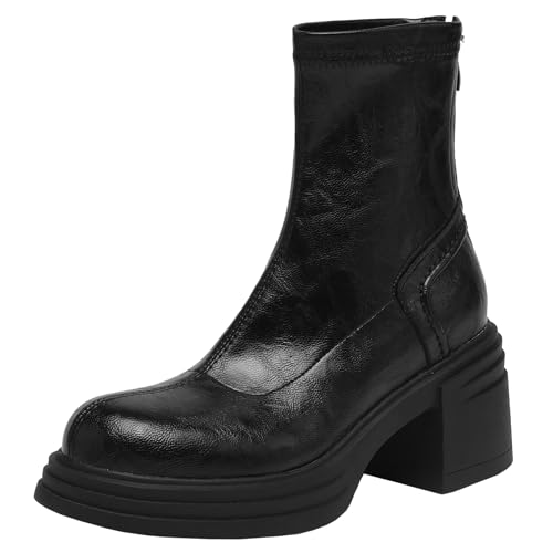BULVJ Bequeme Kurze Damenstiefel mit Blockabsatz und Plateau, Stiefeletten mit Rundem Reißverschluss für Lässige Outfits von BULVJ