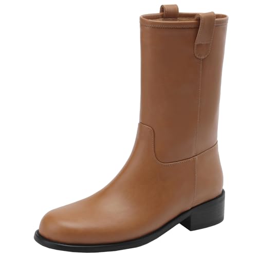 BULVJ Bequeme kurze Damenstiefel mit Blockabsatz, Slip-on-Stiefeletten mit Runder Zehenpartie für Lässige Outfits von BULVJ