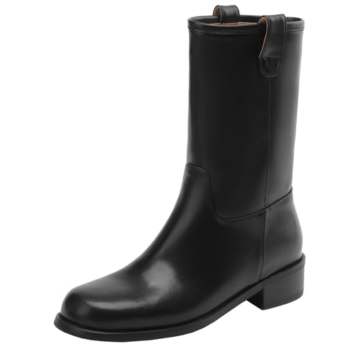 BULVJ Bequeme kurze Damenstiefel mit Blockabsatz, Slip-on-Stiefeletten mit Runder Zehenpartie für Lässige Outfits von BULVJ