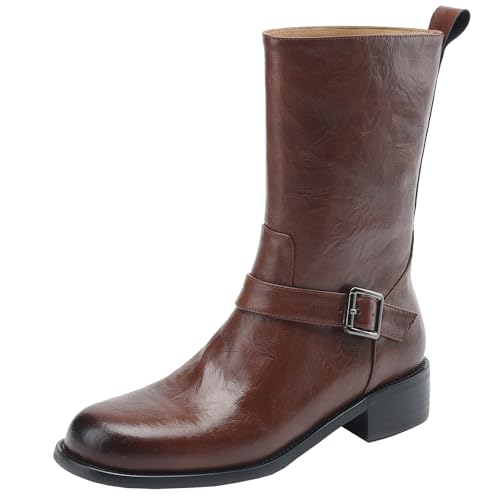 BULVJ Bikerstiefel zum Hineinschlüpfen mit Runder Zehe, Stiefeletten aus Weichem Leder mit Blockabsatz für Einfaches Tragen von BULVJ