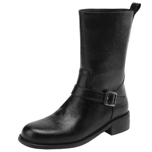 BULVJ Bikerstiefel zum Hineinschlüpfen mit Runder Zehe, Stiefeletten aus Weichem Leder mit Blockabsatz für Einfaches Tragen von BULVJ