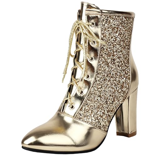 BULVJ Damen Blockabsatz Kurzstiefel, Glänzende Pailletten Stiefeletten mit Schnürung von BULVJ