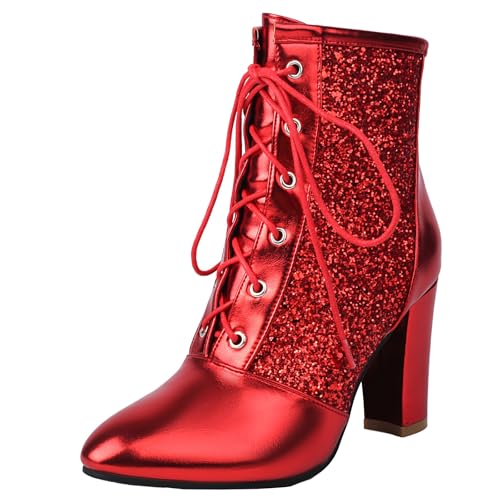 BULVJ Damen Blockabsatz Kurzstiefel, Glänzende Pailletten Stiefeletten mit Schnürung von BULVJ