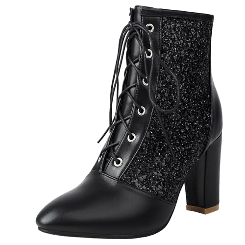 BULVJ Damen Blockabsatz Kurzstiefel, Glänzende Pailletten Stiefeletten mit Schnürung von BULVJ